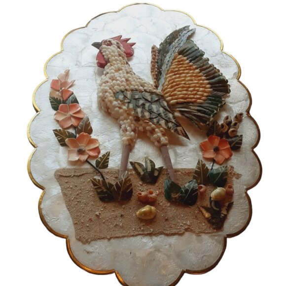 Vintage Set Of 2 Capiz Seashell Roosters Flowers Wall Art Hangings. Philippines - Picture 2 of 6